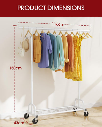 Sakugi Heavy-Duty Clothing Rack Wide Rod & Mesh Shelf, 116x43x150cm, White