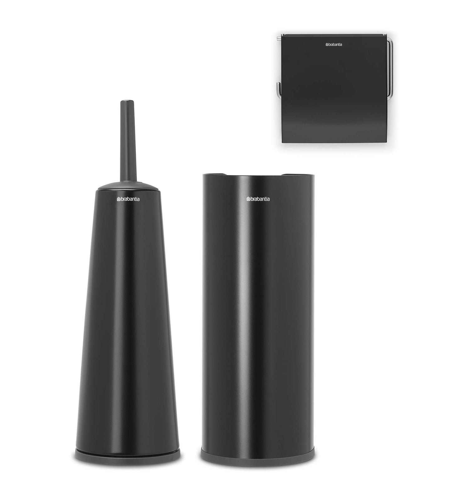 Brabantia 3 Piece Toilet Accessory Set Toilet Brush & Holder, Toilet Roll Holder & Toilet Roll Dispenser (Drill/No Drill Wall Mounting) Matt Black