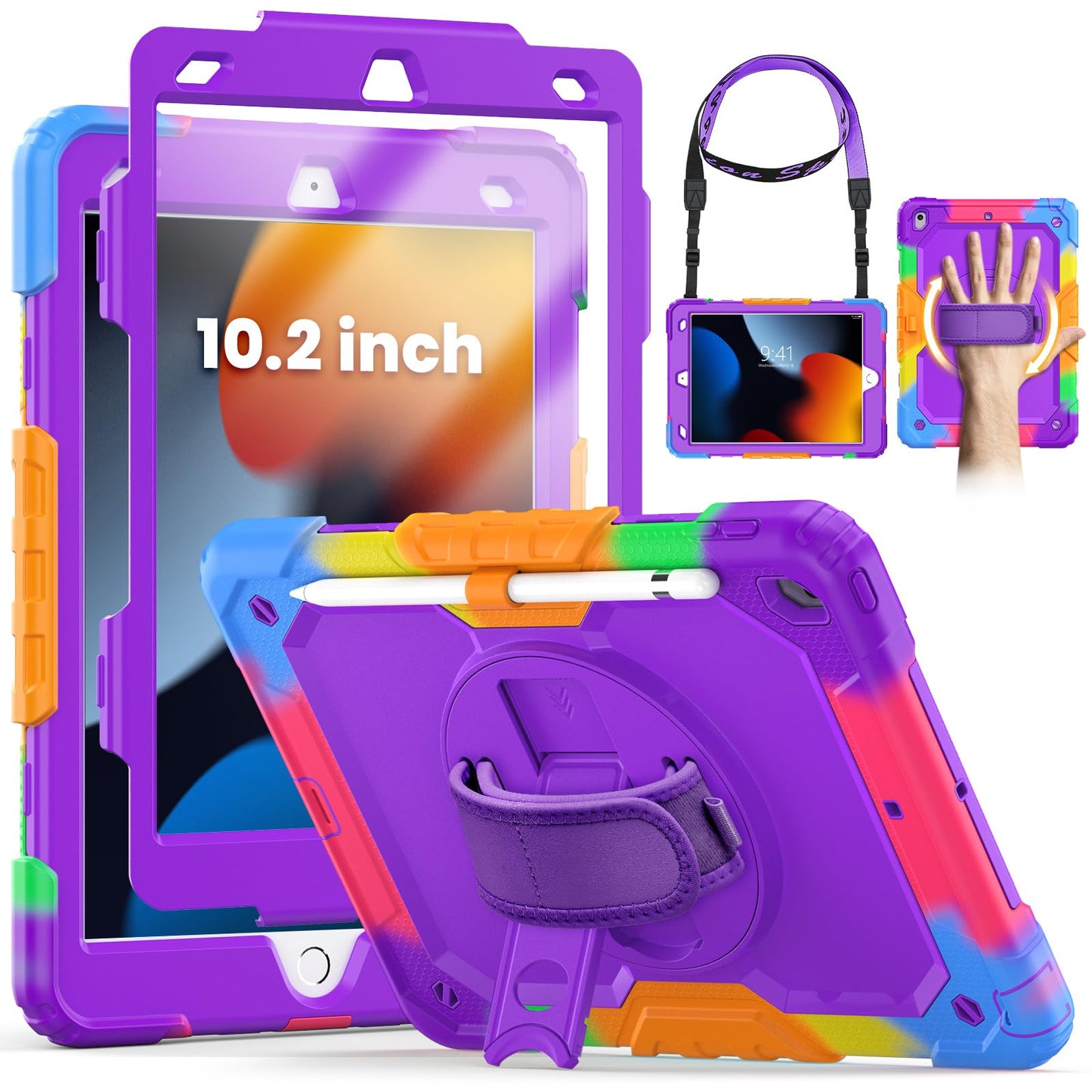 SEYMCY for iPad 9th/8th/7th Generation Case Kids 10.2 inch, Shockproof Sturdy with Rotating Hand Strap & Stand, Screen Protector, Shoulder Strap, Pen