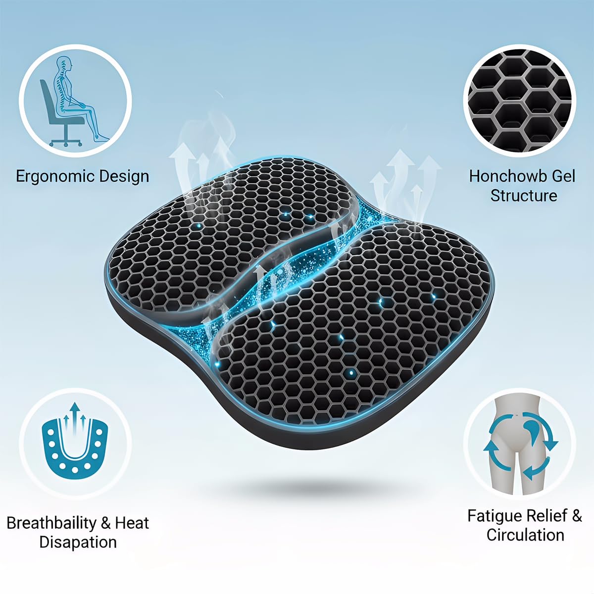 masteymoh Foldable Honeycomb Seat Cushion, Small Portable Gel Seat Cushion for Travel, Butt Pillow for Back Pain Relief, Sciatica (Black)