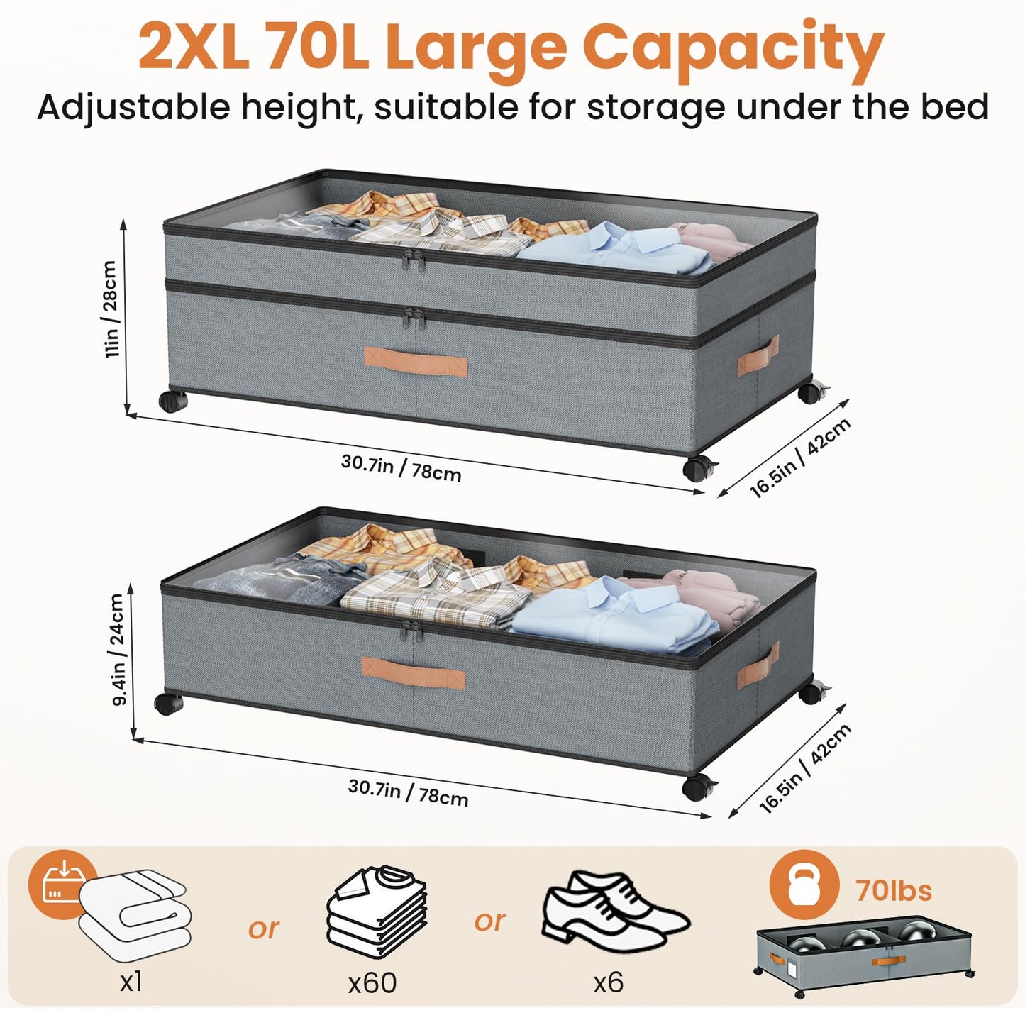 KLINTOS Under Bed Storage on Wheels – 2 Pack 72L XXL Underbed Storage Drawers, Adjustable 10in High Closet Organizers with Lid