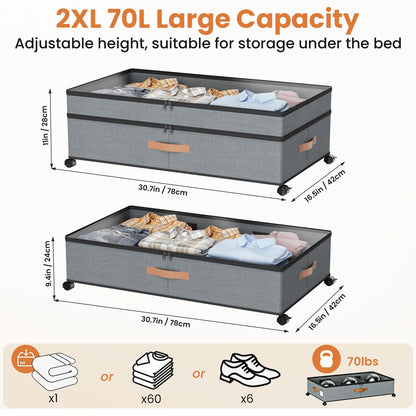 KLINTOS Under Bed Storage on Wheels – 2 Pack 72L XXL Underbed Storage Drawers, Adjustable 10in High Closet Organizers with Lid