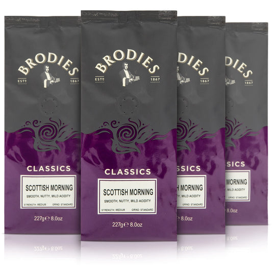 Brodies Classics Artisan Ground Coffee - Scottish Morning 100 Percent Arabica (4 Pack of 227 g) smooth, nutty, mild acidity, medium Strength, standard