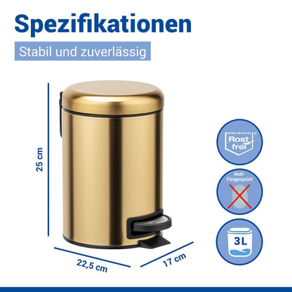 Wenko Leman Cosmetic Pedal Bin Matte Gold 3 L – Cosmetic Bin, Rubbish Bin with Anti-Fingerprint, Capacity: 3 litres, stainless steel