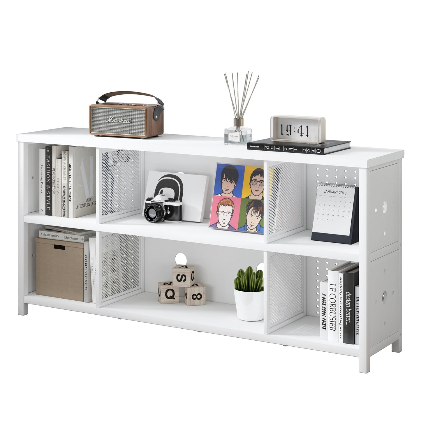 LVB White Horizontal Bookcase, Modern Bookshelf Cube Storage Organizer, Farmhouse Wide Large Wood Metal Book Shelf
