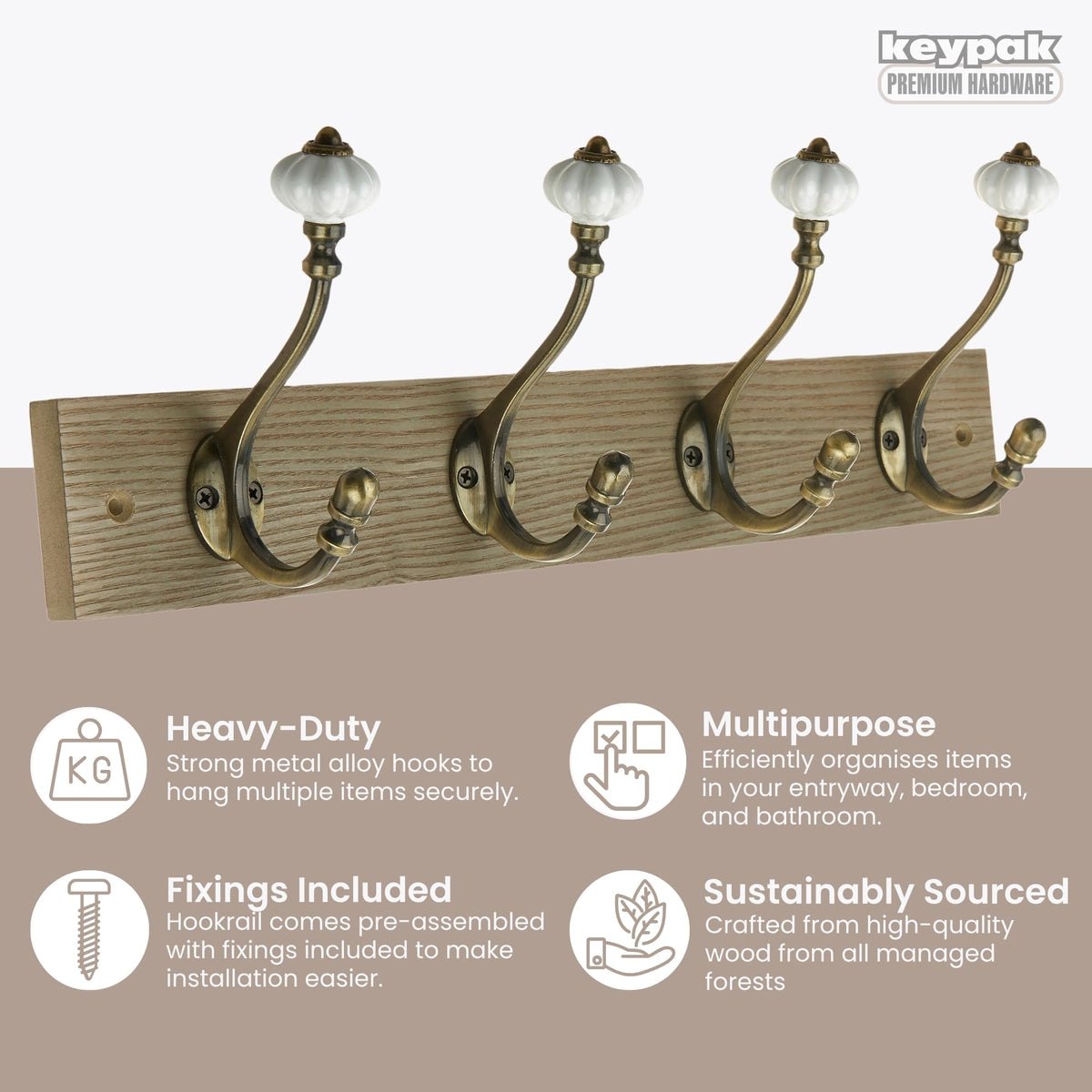 keypak Victorian Wall-Mounted Coat 4 Brass Hook 46 cm Wood Rail