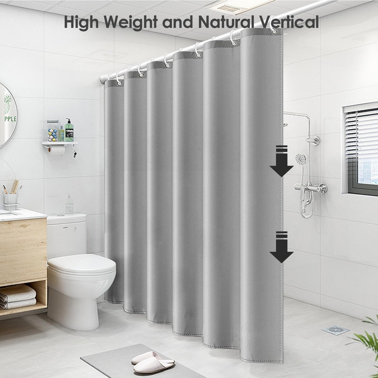 Vinabo Grey Shower Curtain, 180 x 200 cm Bathroom Curtains, Washable Shower Curtain with 12 Hooks, PEVA Fabric Curtain