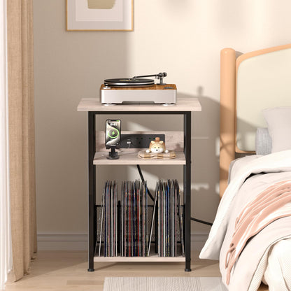 AMHANCIBLE Record Player Stand with Charging Station, Vinyl Record Storage