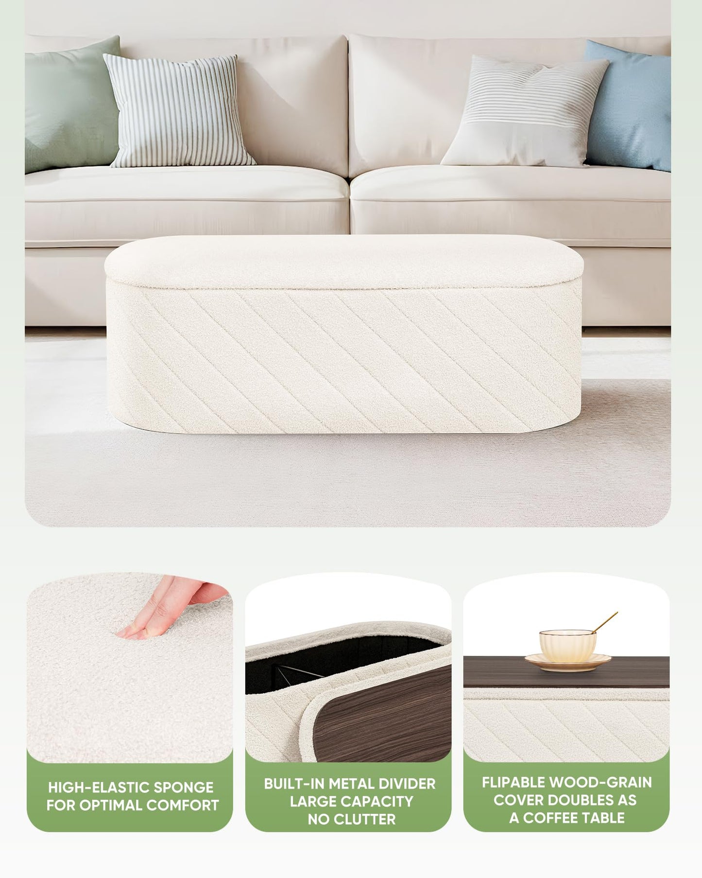 Bonlife Oval Ottoman with Storage Bench, Folding Foot Rest with Lid, Boucle End of Bed Bench,Foostool for Living