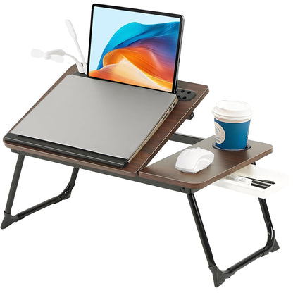 Laptop Desk, Laptop Bed Table with Foldable Legs, Cup Holder, Storage Drawer and USB Charging Port, Lap Desk Suitable for Work, Reading, Writing