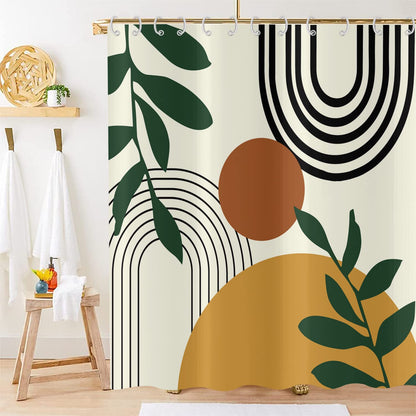 Hnmdmyi Boho Shower Curtain 180x200, Mid Century Abstract Arch Sun Green Leaf Beige Bathroom Curtains Modern Minimalist Aesthetic Art Waterproof