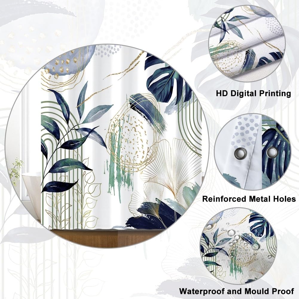 Uiiooazy Anti-Mould Shower Curtain, 180 x 220 cm, Navy Blue, Tropical Palm Leaves, Jungle Boho Bath Curtain, Washable Fabric, Waterproof