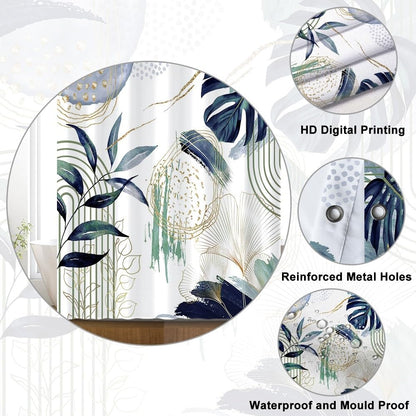 Uiiooazy Anti-Mould Shower Curtain, 180 x 220 cm, Navy Blue, Tropical Palm Leaves, Jungle Boho Bath Curtain, Washable Fabric, Waterproof
