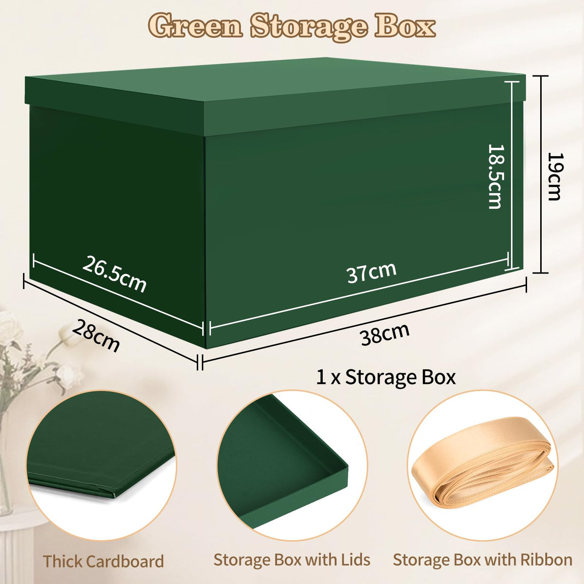 KISPATTI Storage Box, Green Storage Boxes with Lids 38 x 28 x 19 cm Large Storage Box with Ribbon Cardboard Storage Boxes for Home Bedroom Living