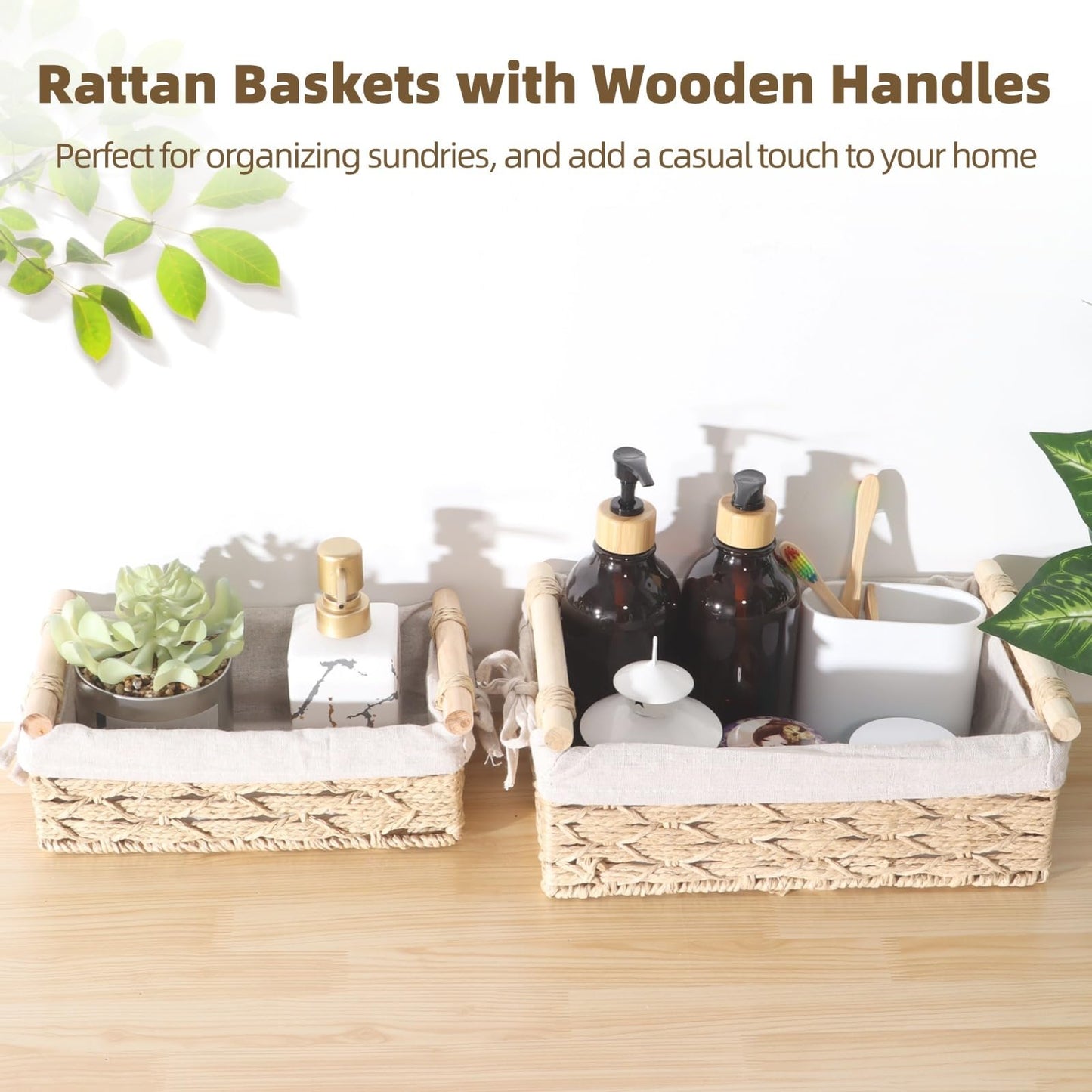 2 PCS Wicker Storage Baskets,Rectangle Wicker Basket for Organizing,Rattan Basket with Handles,Toilet Paper Storage Basket for Bathroom Living Room