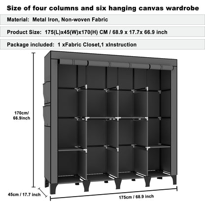 OPPAIYA Extra Large Canvas Wardrobe with 6 Hanging Rails, Portable Fabric Bedroom Wardrobes with 8 Shelves & 8 Side Pockets