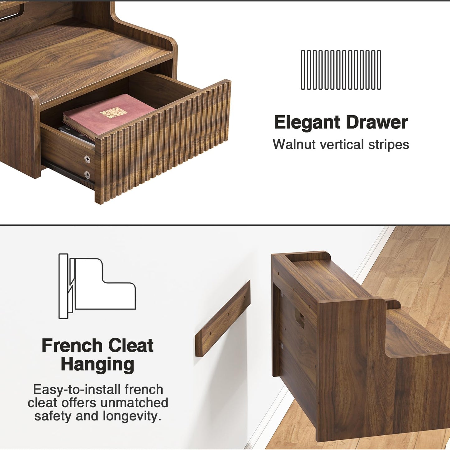 Yvsevnr Floating Bedside Table Set of 2 Wall Mounted Nightstand with Drawer and Open Shelf Fluted Side Tables Retro Bedside Cabinet for Bedroom