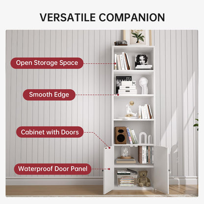 oneinmil Tall Bookshelf, 6 Tier Bookcase with Cabinet Doors, Modern Bookshelves Display Rack, Storage Cabinet for Home, Office, Living Room, White