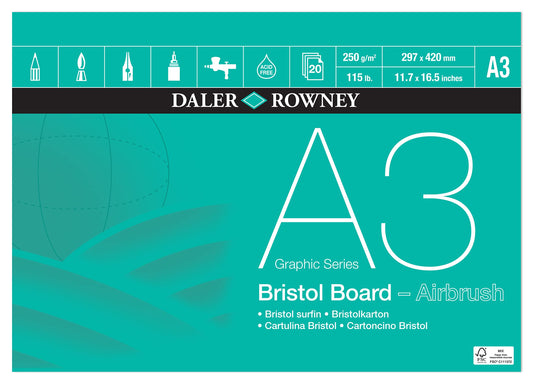 Daler-Rowney Graphic Series Smooth Surface 250gsm A3 Bristol Board Pad, Glued 1 Sid, Acid-free, 20 White Sheets, Ideal for Professional Artists &