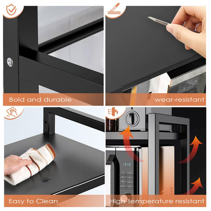 Haipky 2-Tier Adjustable Microwave Oven Rack, Expandable Kitchen Countertop Shelf with 6 Hooks, Metal Baker Rack, Space-Saving Kitchen Organizer