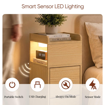 Quikraen Slim Bedside Table with Sensor LED Light and Charging Station