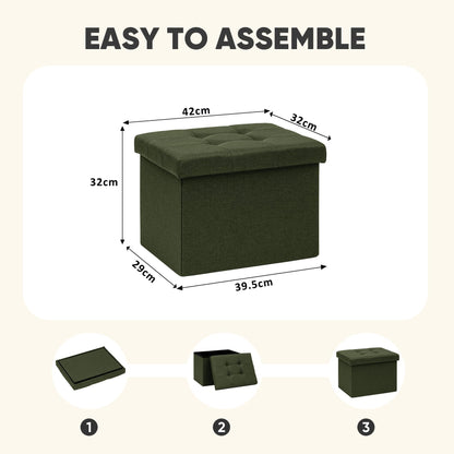 PINPLUS Linen Ottoman Storage Box with Lid, 42x32x32 cm, Olive Green