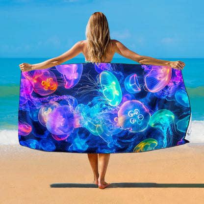 Violetpos Neon Jellyfish Group Beach Towel, Extra Large 180x90 cm 250GSM Microfibre, Sand Free Quick Dry