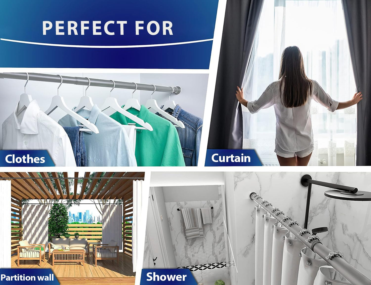 MEISENBERG Extendable Curtain Poles Gray, Shower Curtain Pole 310-360 cm - Ø 32 mm Diameter, Heavy Duty Tension Rod For Clothes - for Large Windows
