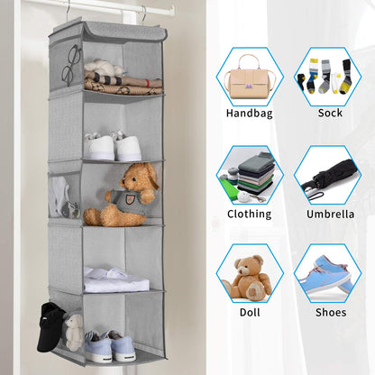 BrilliantJo Hanging Wardrobe Closet Storage with 5 Shelves Organiser, Storage Shelves Unit with 6 Pockets for Clothes - Light Grey(30 x 30 x 108cm)