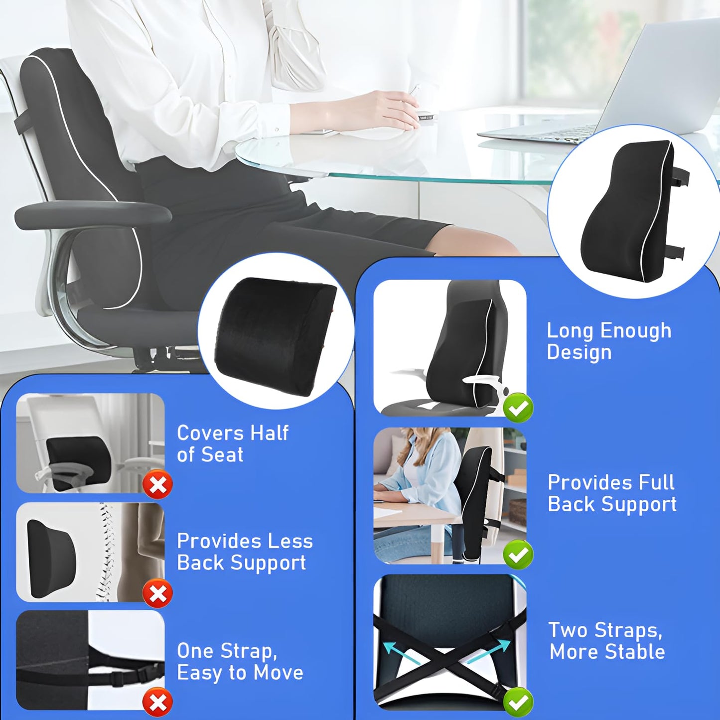 Chiziyixin Back Support for Office Chair, Memory Foam Lumbar Support Cushion with 2 Adjustable Straps, Black Back Lumbar Pillow for Office Chair