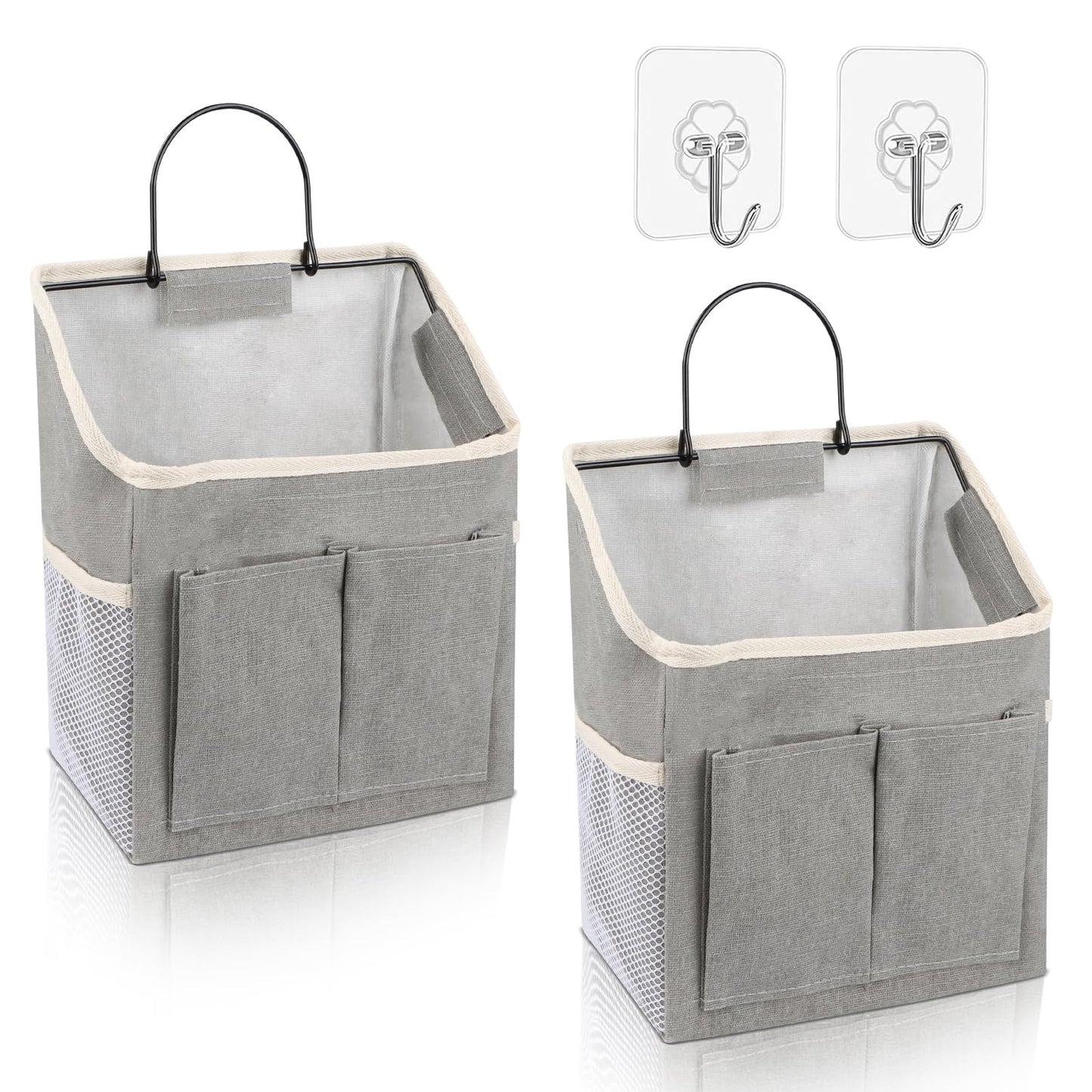 Pack of 2 Hanging Organisers, Hanging Storage Organisers, Waterproof Wall Hanging Bags, Foldable Linen Fabric Basket with Pockets