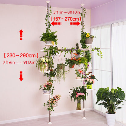 BAOYOUNI Indoor Plant Stands Spring Double Tension Pole Metal Flower Display Rack Space Saver Corner Floral Pot Storage Shelf with 12 Trays, 2 Hooks &