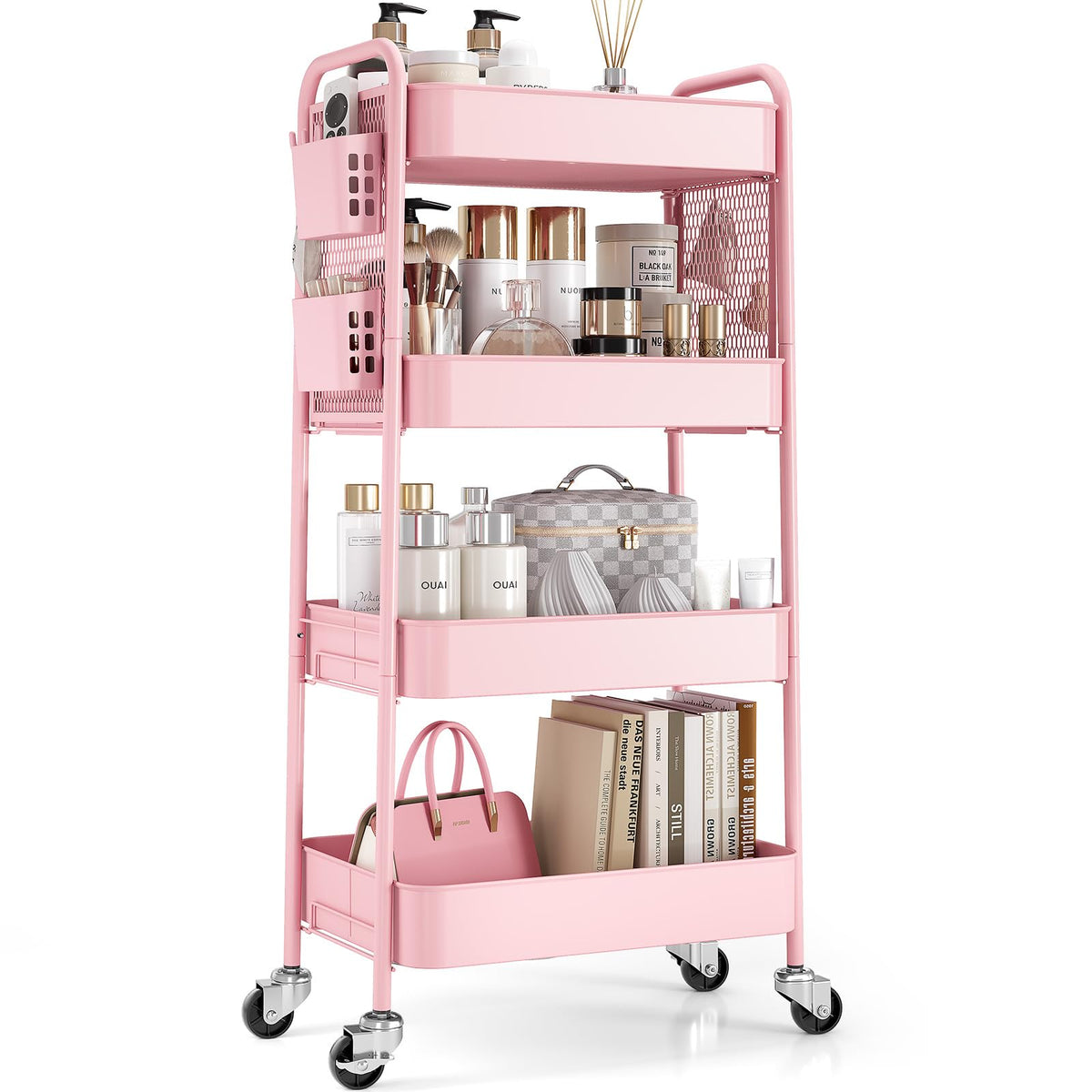 Urackify 4 Tier Storage Trolley on Wheels, Pink