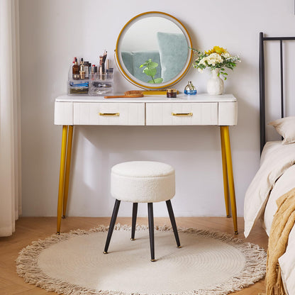 Aibiju Round Footrest Stool with Storage, Faux Teddy Fur Dressing Table Chair, Makeup Vanity Stool Side Table with Metal Legs for Bedroom, Living