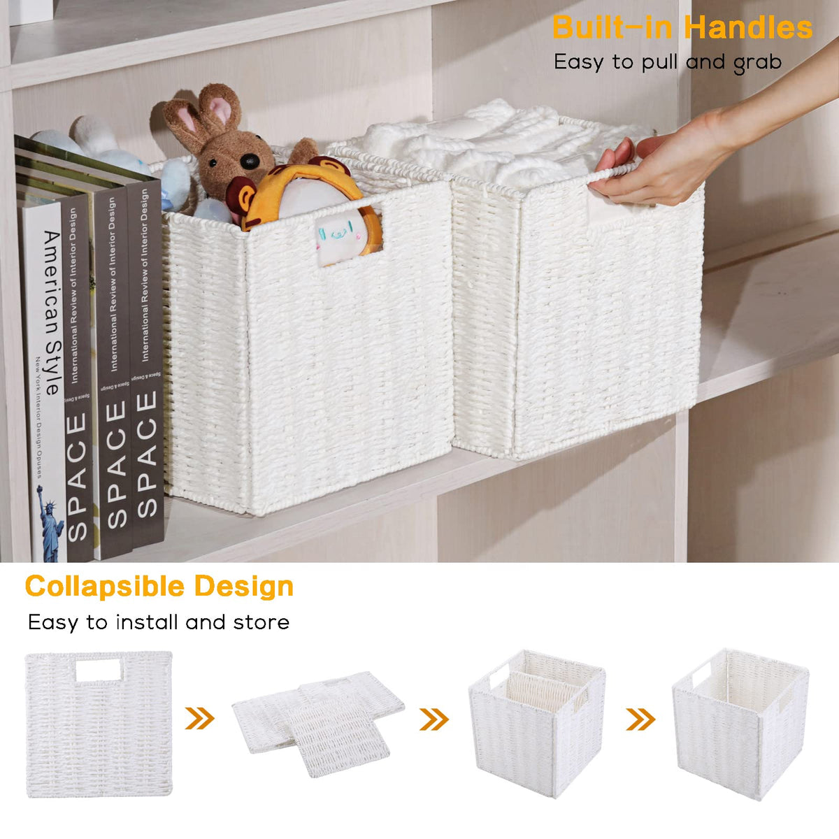 Vagusicc 2-Pack Wicker Storage Basket with Handles, Foldable Storage Organizer Bins for Shelves