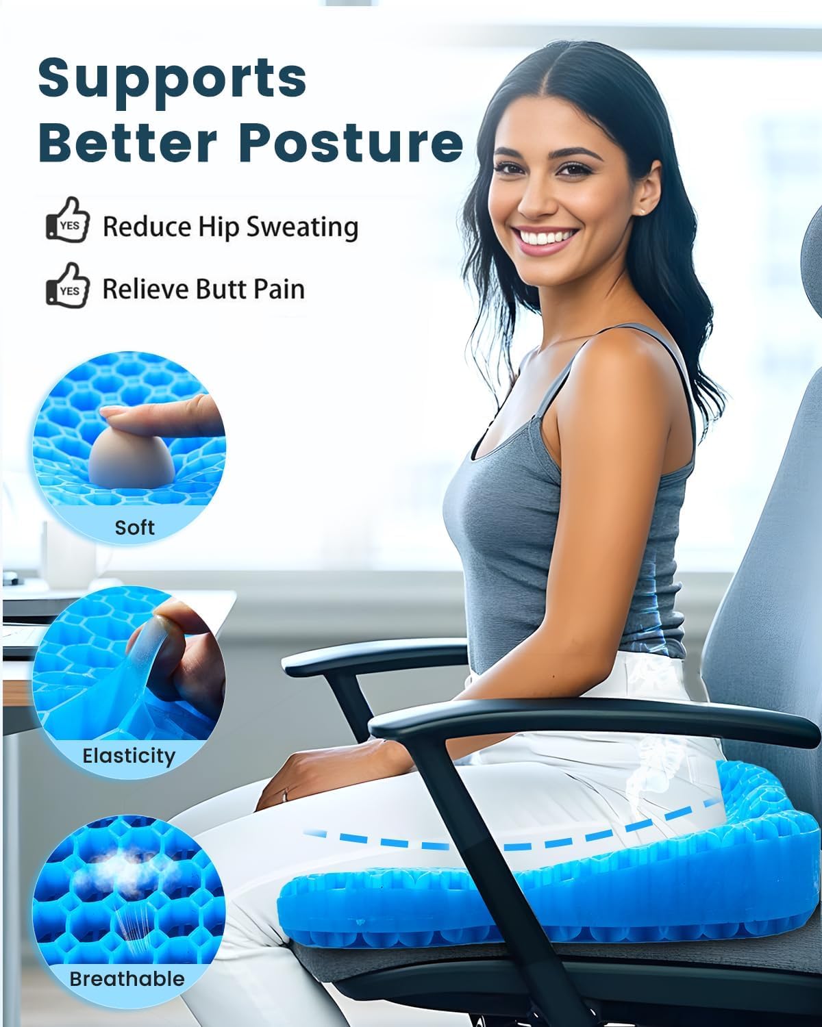 Extra19.7" Breathable Gel Seat Cushion, Wheelchair Relief for Long Sitting