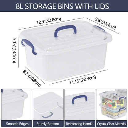 Tyminin 6 Packs Clear Plastic Storage Boxes with Clear Lids, Small Latch Bins, 8 Litre, T