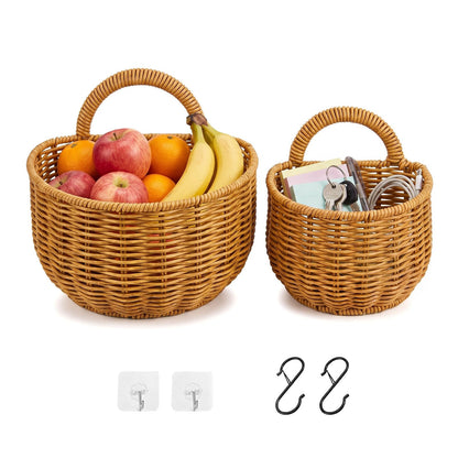 2 PCS Woven Storage Basket, Wall Hanging Storage Baskets, Kitchen Storage with hooks