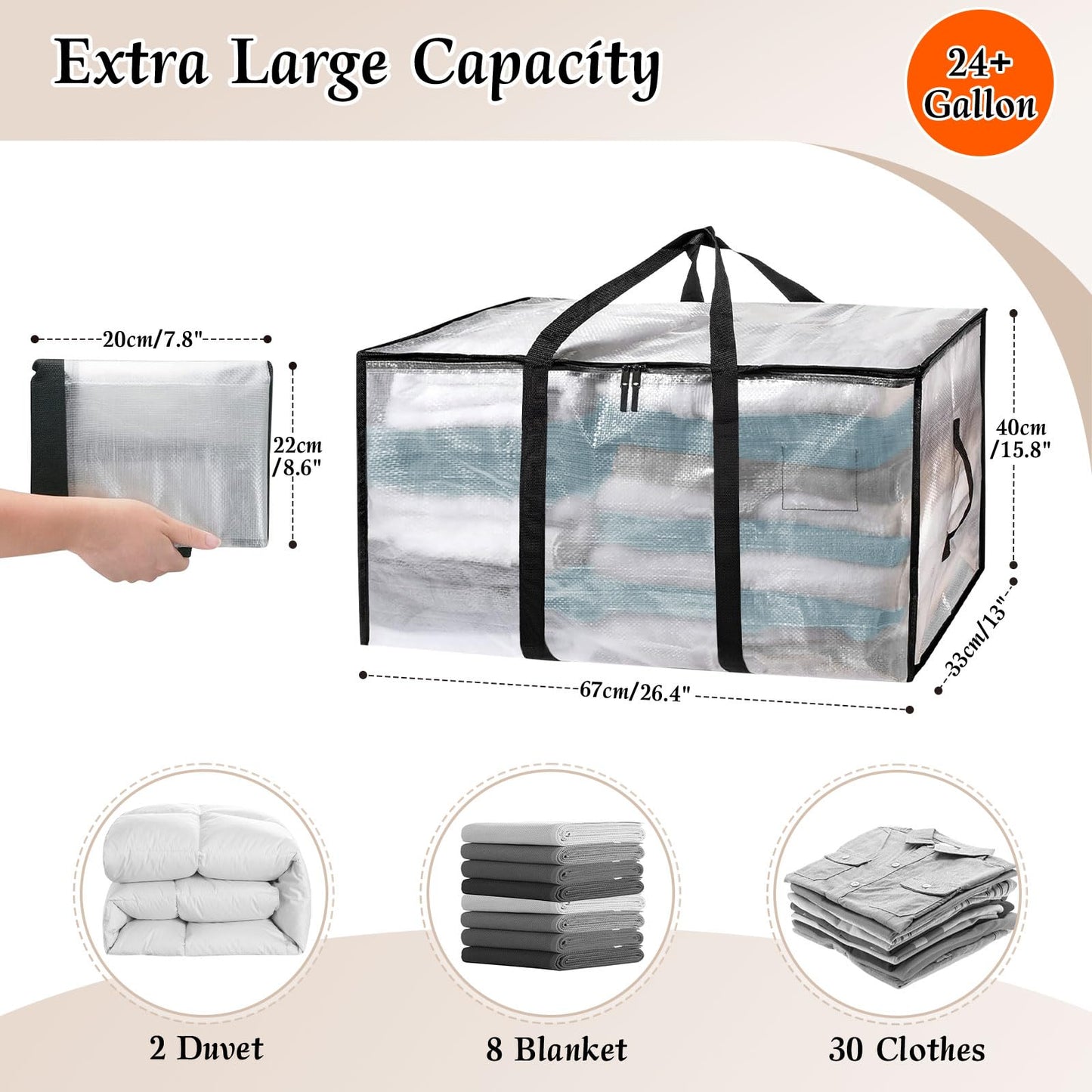 RICHIE Clear Heavy Duty Extra Large Moving Bags with Reinforced Handle and Double Zipper - Waterproof Storage Box with Tag Window