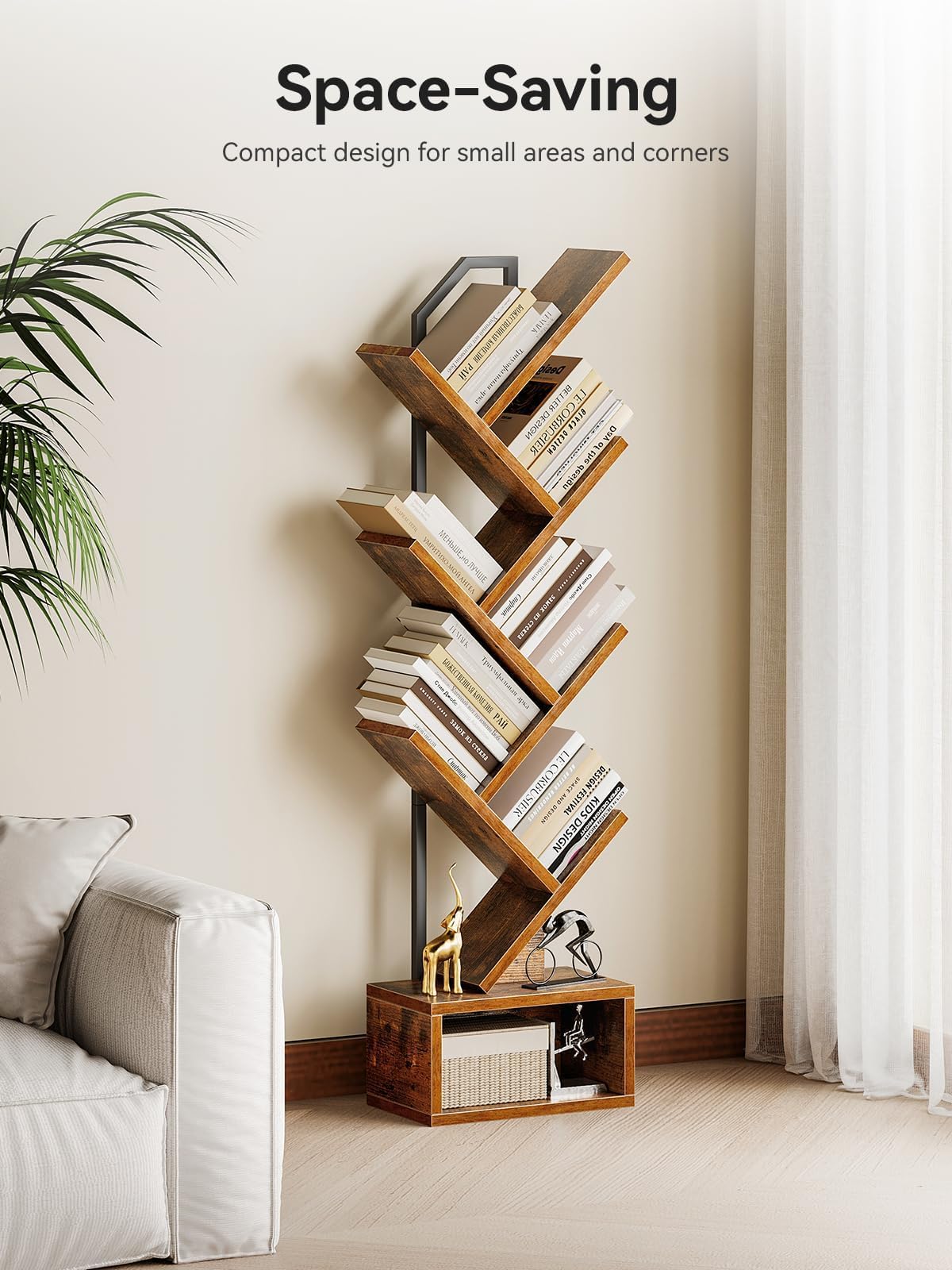Coleshome 6-Tier Tree Bookcase, Wooden Bookshelf, 110.5cm, Brown