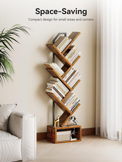 Coleshome 6-Tier Tree Bookcase, Wooden Bookshelf, 110.5cm, Brown