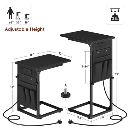 Vagusicc C-Shaped Side Table with Charging Station, Height Adjustable Sofa Side Table, Bedside Table, End Table for Small Spaces