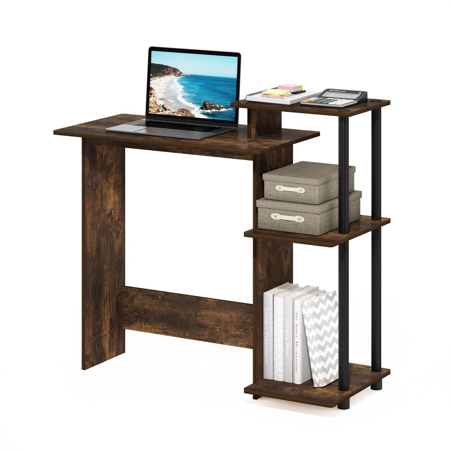 Furinno EFFICIENT Desk, Gaming Desk, with 3 Open Side Shelves, Laptop Notebook Computer Desk,Office Desk for Home Office, Study Room, Dorm, Amber Pine