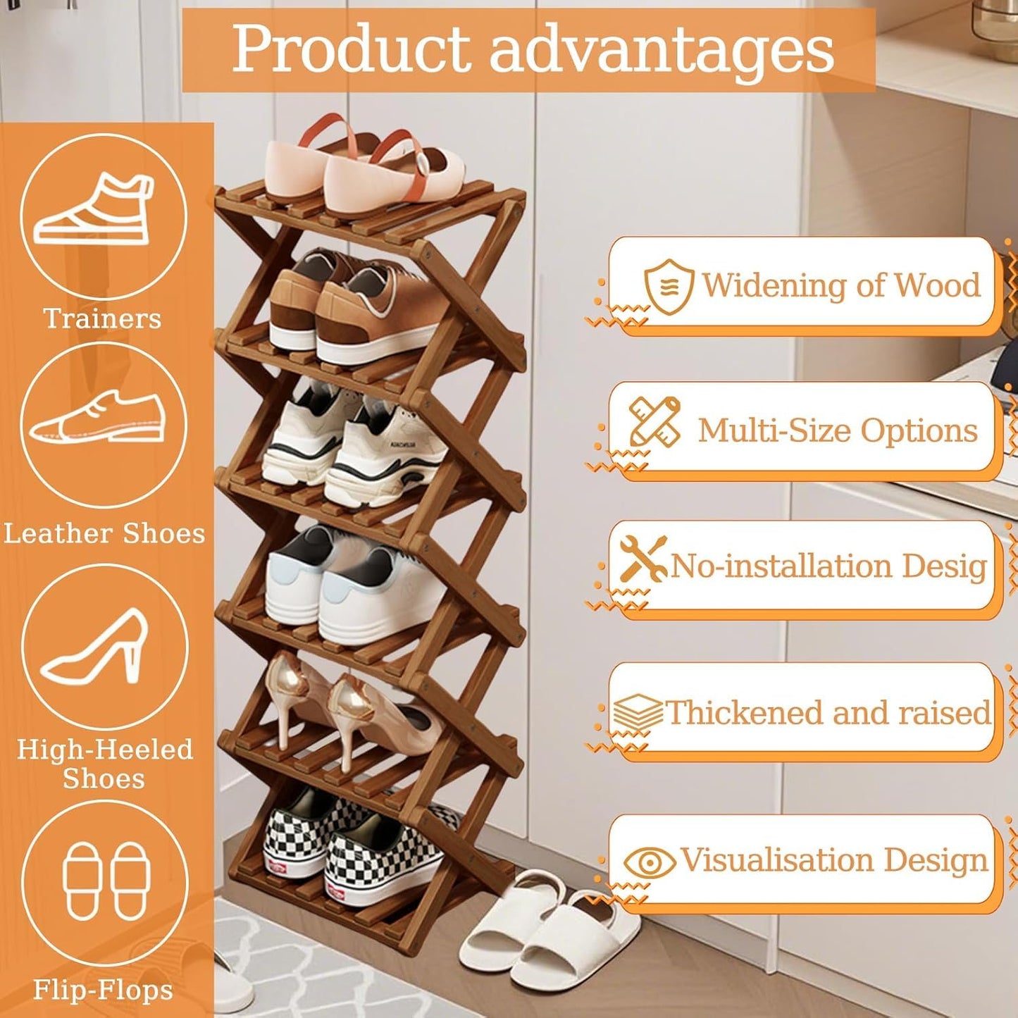 Kiss Me 4-Tier Foldable Bamboo Shoe Rack Narrow Vertical Organizer