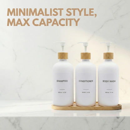 Shampoo and Conditioner Dispenser Set - 3 Pack 600ml/21oz Refillable PET Shower Bottles with Plastic Pump, Bamboo Tray, Funnel & Labels