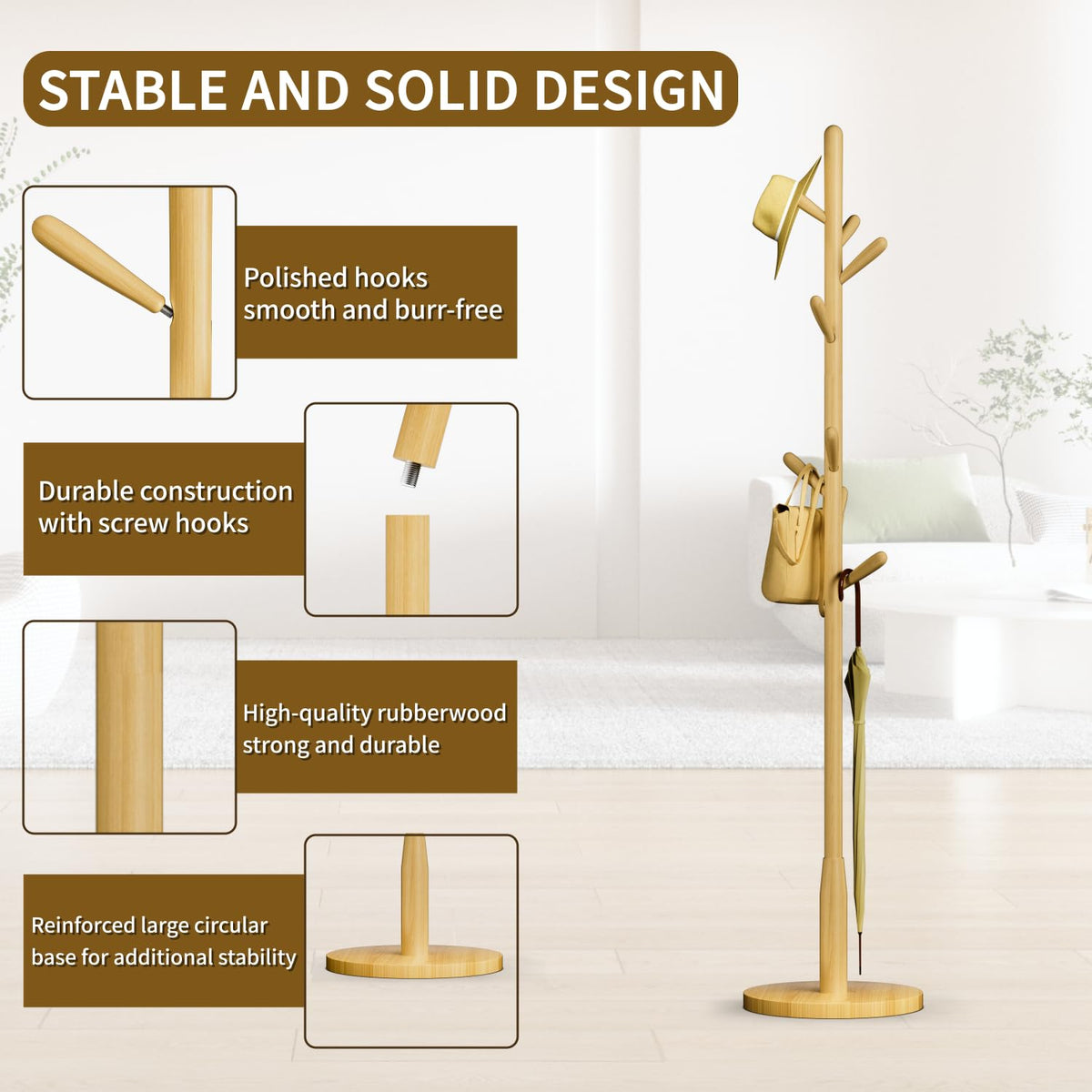 Solid Wood Round Base Coat Rack, Free Standing Hall Coat Tree with 8 Hooks（+2 spare) for Coats, Hats, Bags, Purses, for Entryway, Hallway