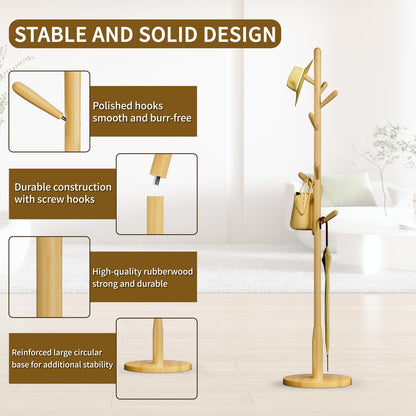 Solid Wood Round Base Coat Rack, Free Standing Hall Coat Tree with 8 Hooks（+2 spare) for Coats, Hats, Bags, Purses, for Entryway, Hallway