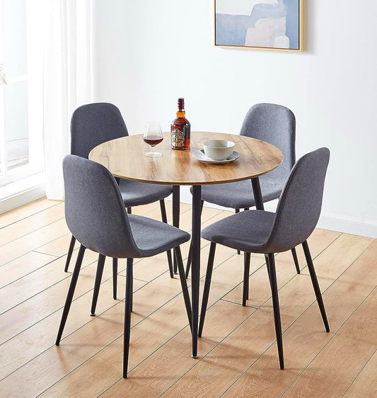 Hallowood Furniture Cullompton Small Dining Table and Chairs Set 4, Brown Oak Effect Top Kitchen Table and Chairs in Grey Fabric Upholstery and Metal
