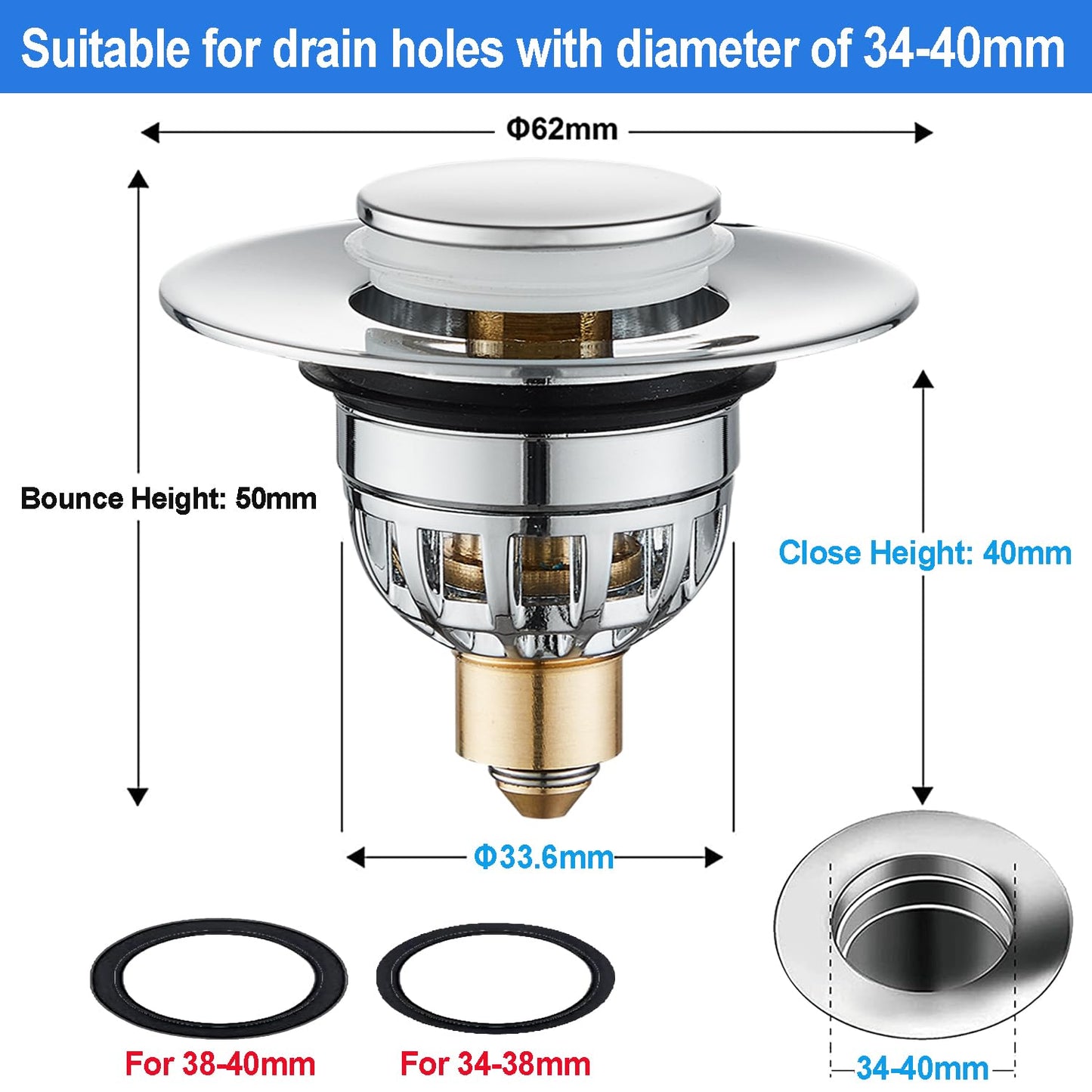 Tomario Sink Plugs Bathroom Plug, Stainless Steel Bathroom Basin Plug Pop Up Plugs for Wash Basin