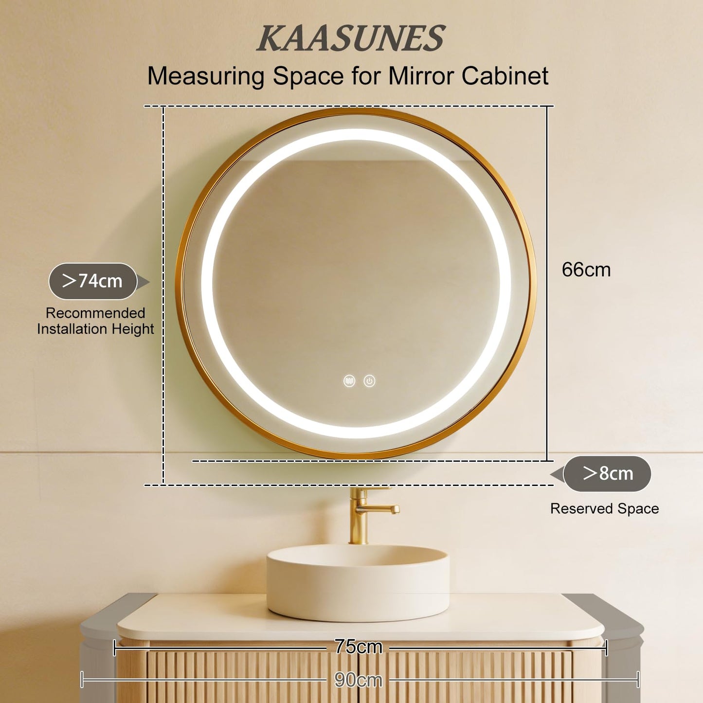 KAASUNES Round Mirror Cabinet with Light,Aluminum Framed,3 Colors Temperature&Dimmer,USB Shaver Socket,Defogger,66cm,Gold